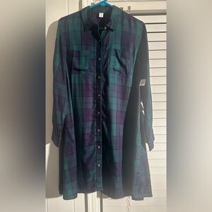 Old Navy Plaid Button Front Shirt Dress Tunic Women’s L Green Blue